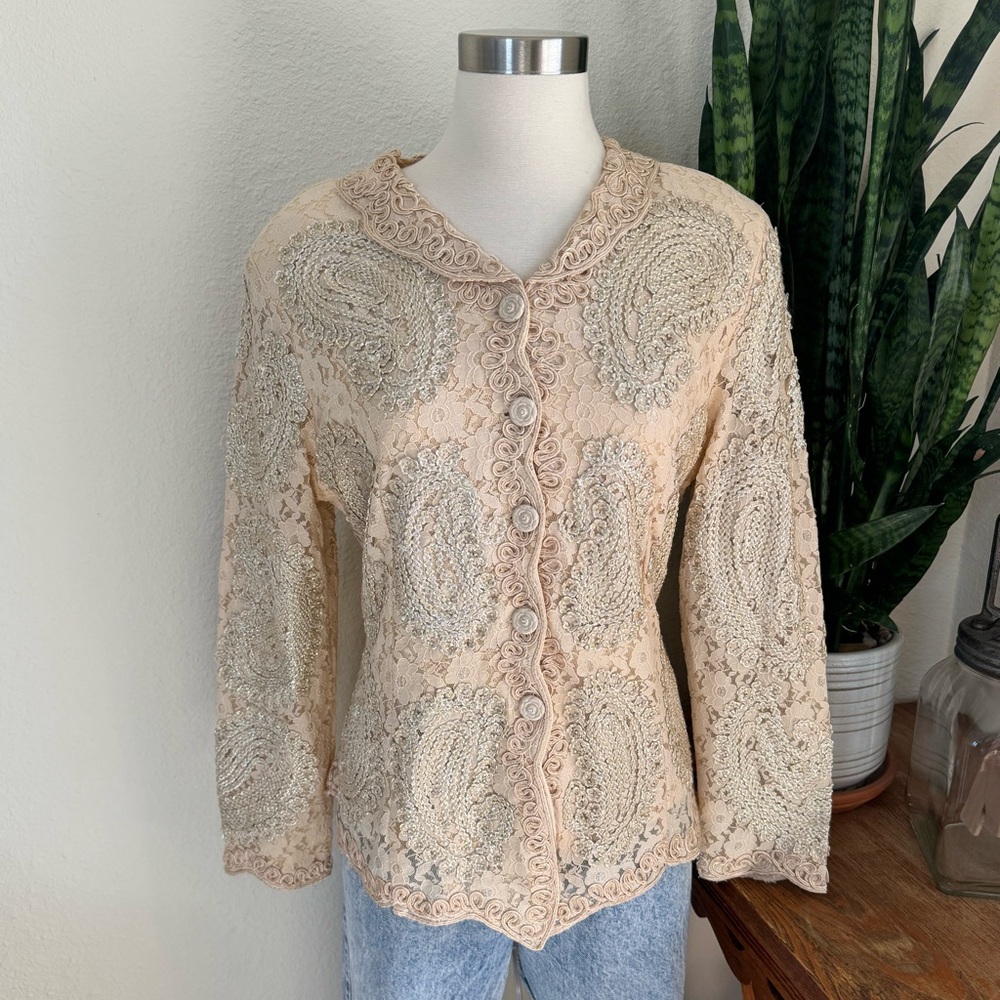 Vintage Modelia New York Metallic Lace Embroidered Top – XXL Elegant Blouse - Picture 1 of 8